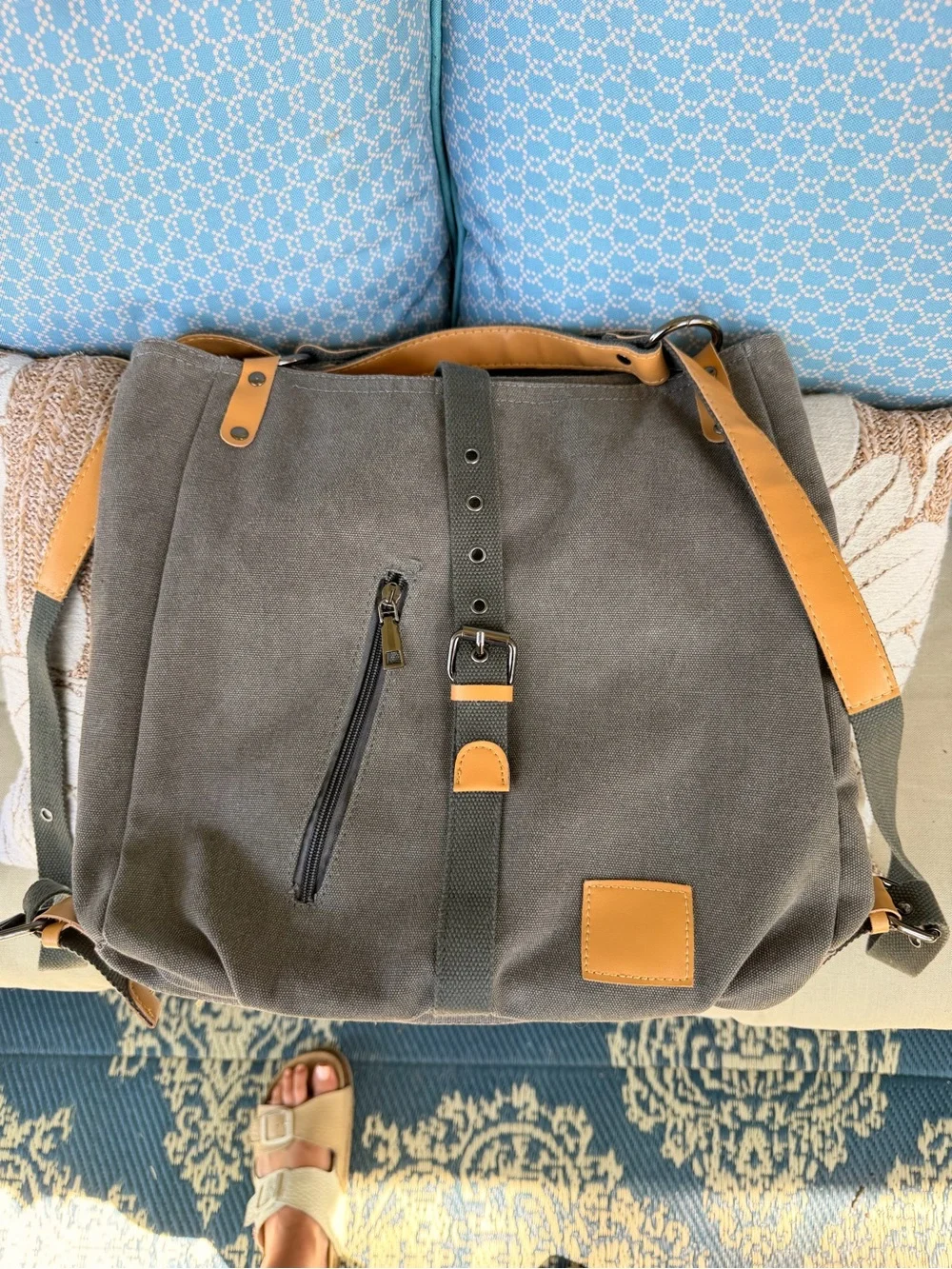 Gray Canvas Shoulder Bag with Tan faux Leather Trim - men and women Bags